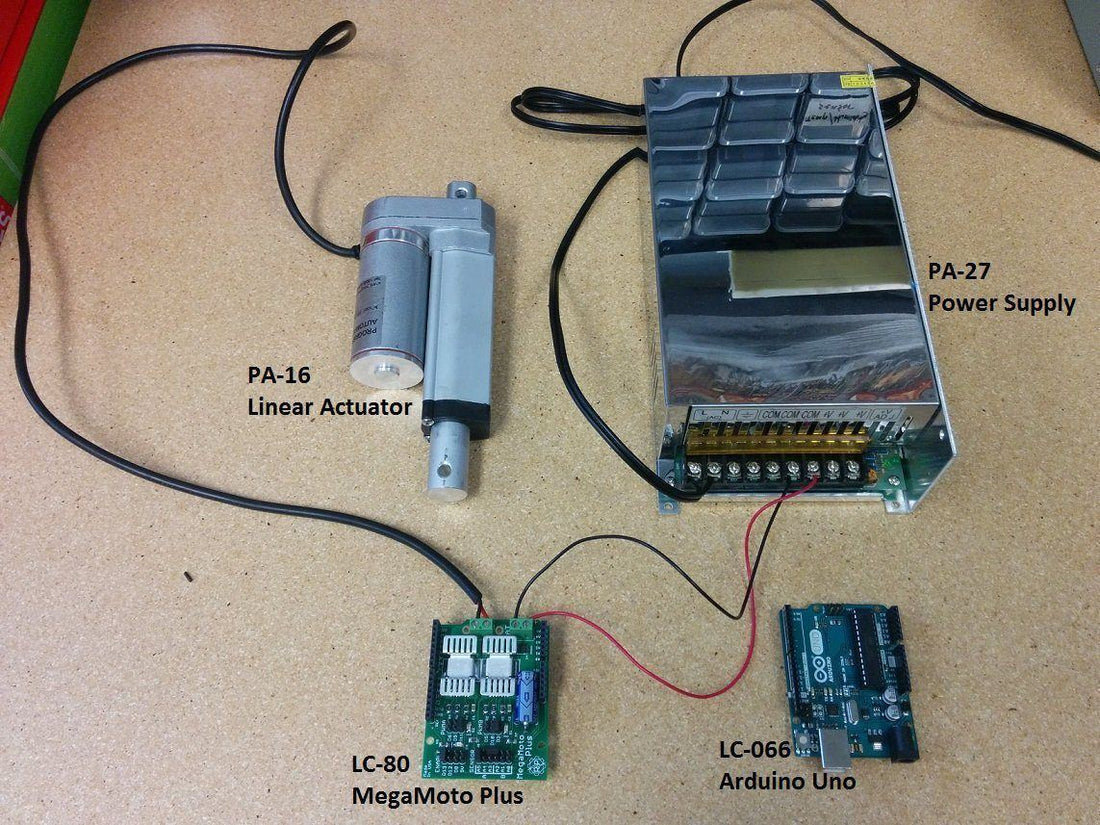 Photo of linear actuator PA -16, power supply, MegaMoto Plus and Arduino Uno