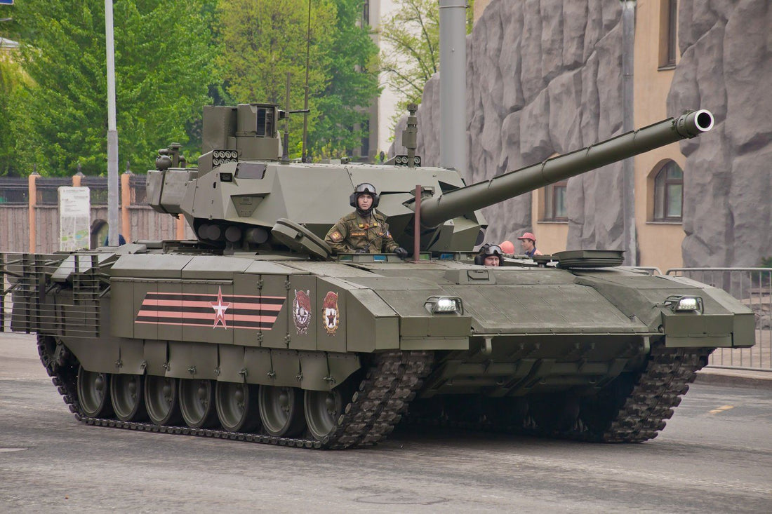 Photo of the T-14 Armata, main battle tank. Moscow / Russia - May 6, 2018: rehearsal of the parade dedicated to victory in the Second World War. A heavy military vehicle rides through the streets of Moscow