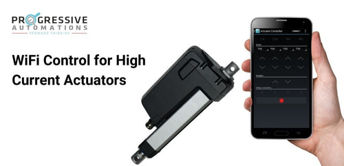 Photo of arm man has a mobile telephone on which image of  Wi-Fi Actuator App and linear actuator on white background 