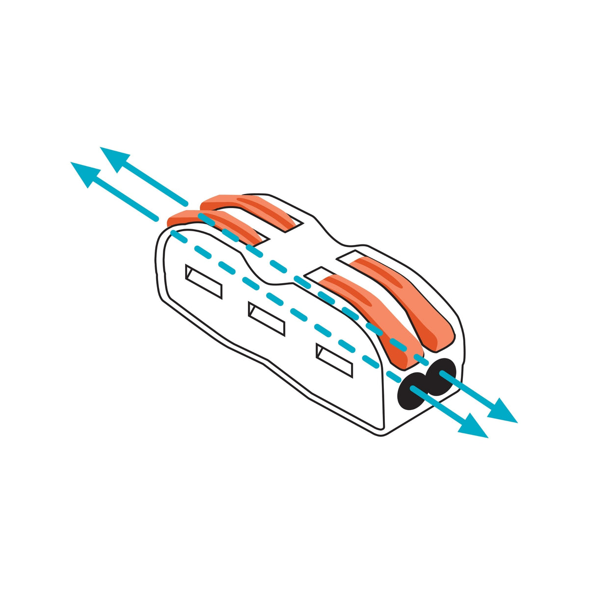 Reusable 2-way splicing wire connector pass-through layout