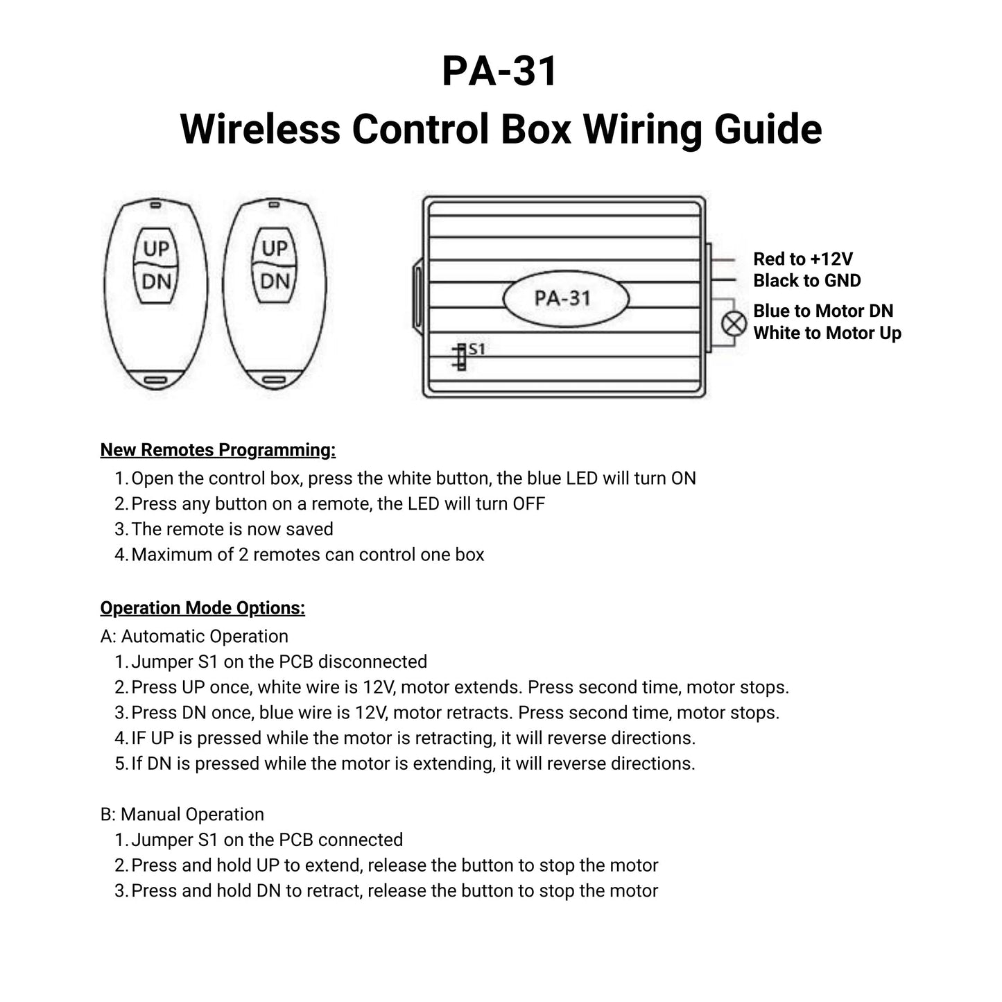 12 VDC Control Box - 1 Channel - 20A - Wireless Remote wiring guide
