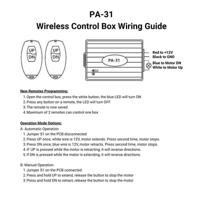 12 VDC Control Box - 1 Channel - 20A - Wireless Remote wiring guide